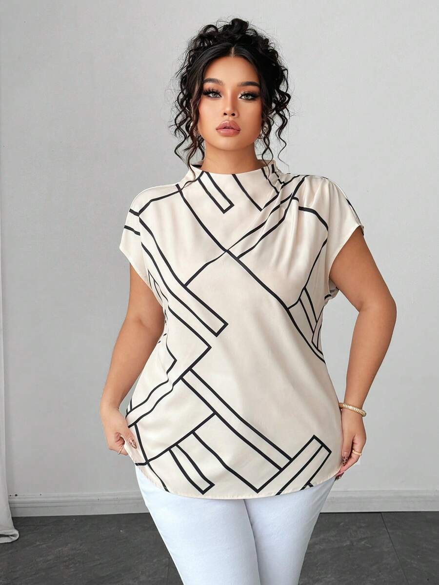 Elenzga Plus Size Geometric Print Sleeveless Blouse