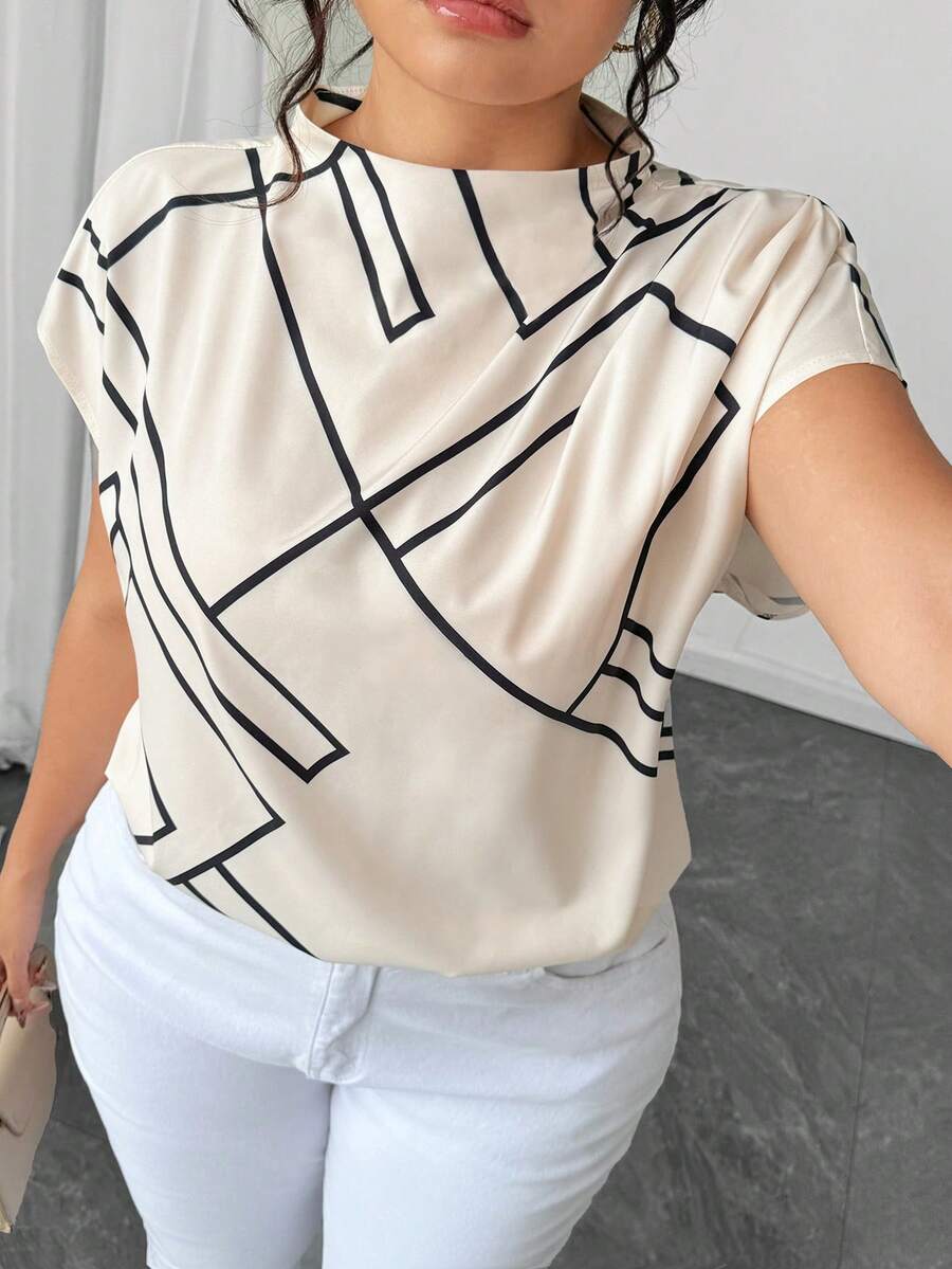 Elenzga Plus Size Geometric Print Sleeveless Blouse