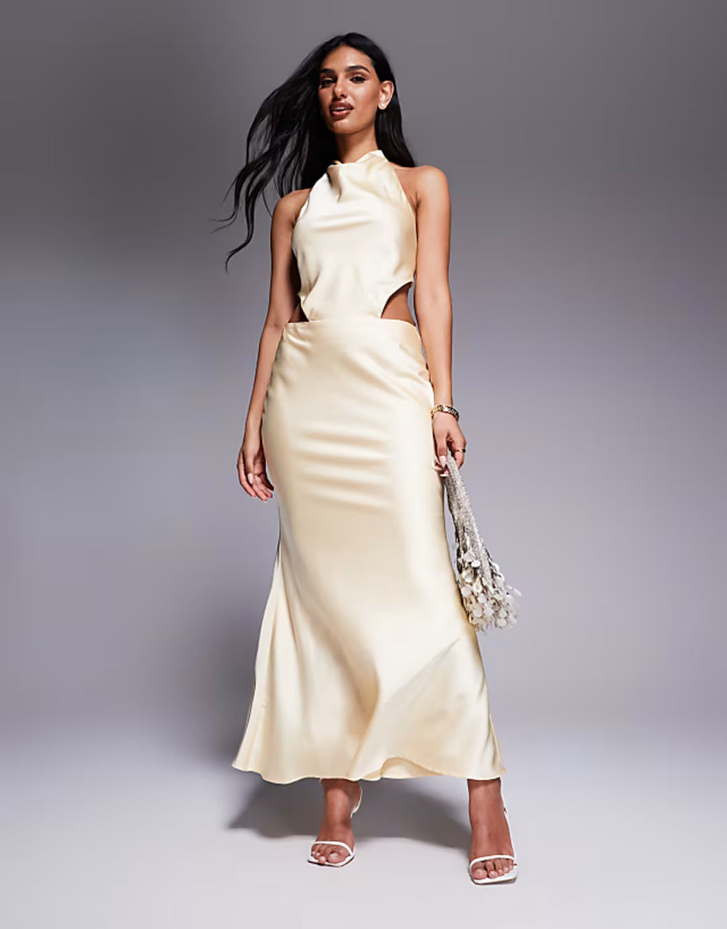 Aria Cove satin halterneck cowl open tie back detail fishtail maxi dress in lemon