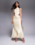 Aria Cove satin halterneck cowl open tie back detail fishtail maxi dress in lemon