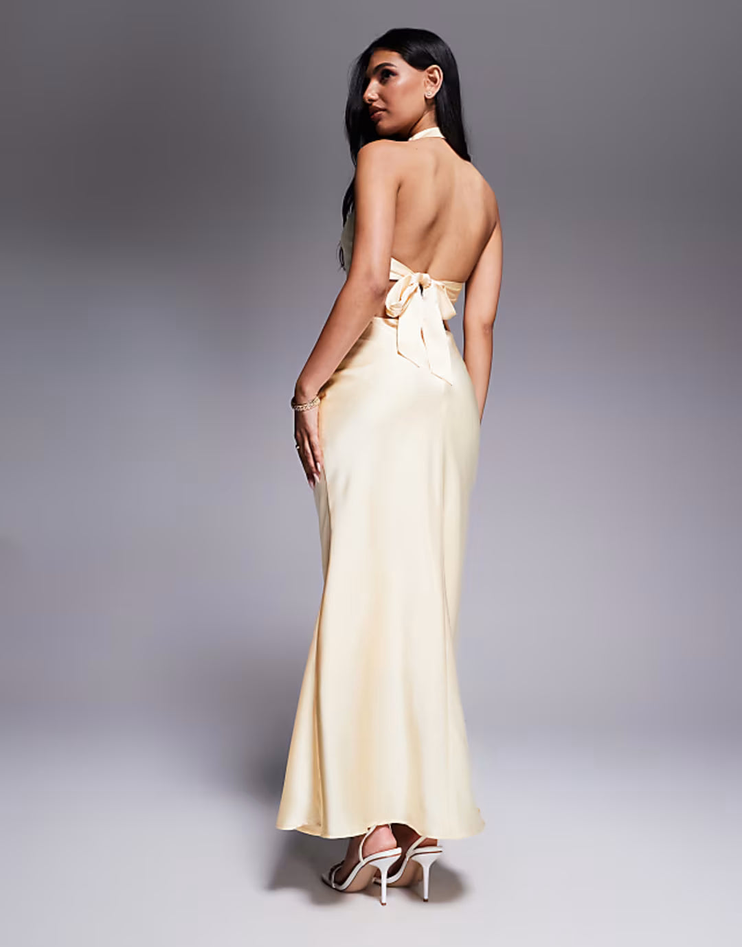 Aria Cove satin halterneck cowl open tie back detail fishtail maxi dress in lemon