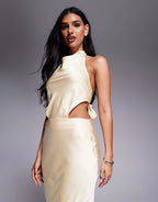 Aria Cove satin halterneck cowl open tie back detail fishtail maxi dress in lemon