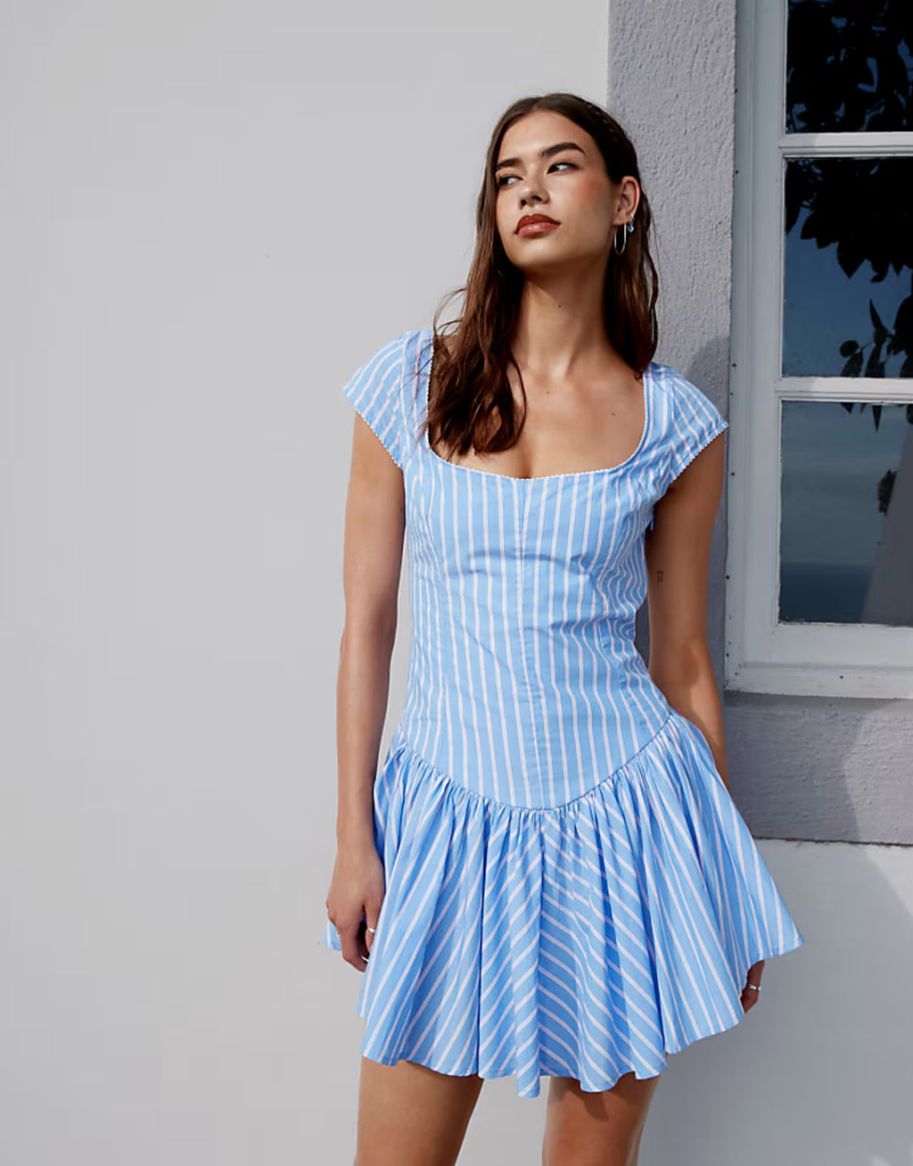 Monki cap sleeve corset mini dress in blue and pink stripe