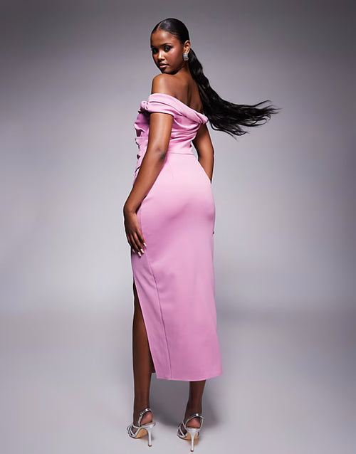 ASOS DESIGN structured twist bardot bodycon midi dress in mauve