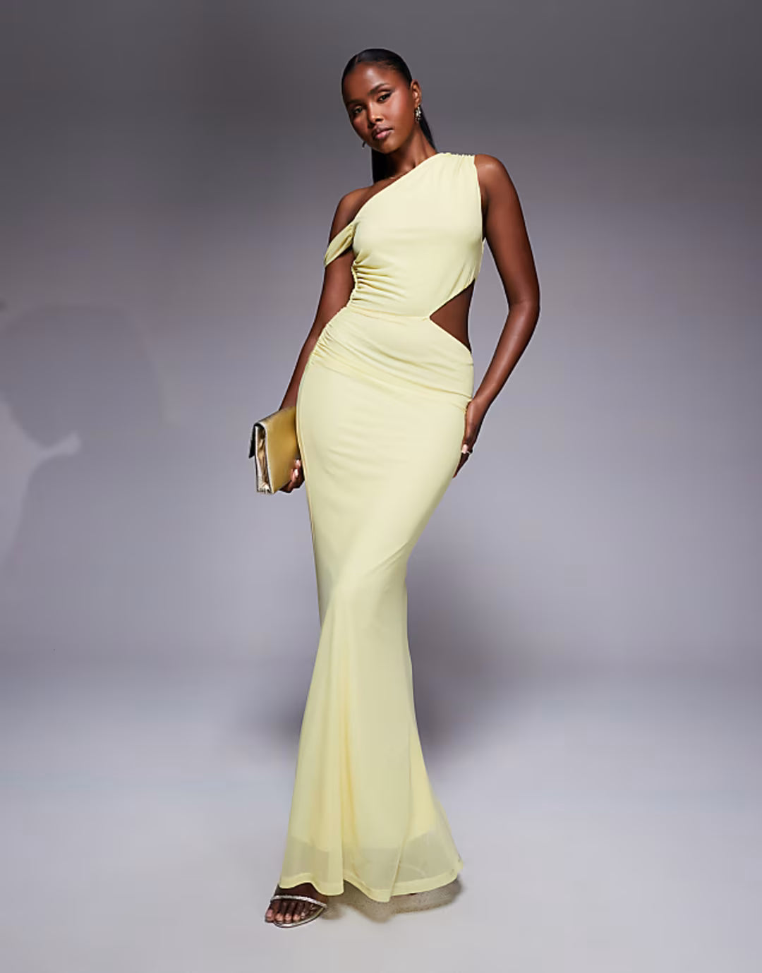ASOS DESIGN fallen shoulder with ruching and cut out detail maxi dress in yellow