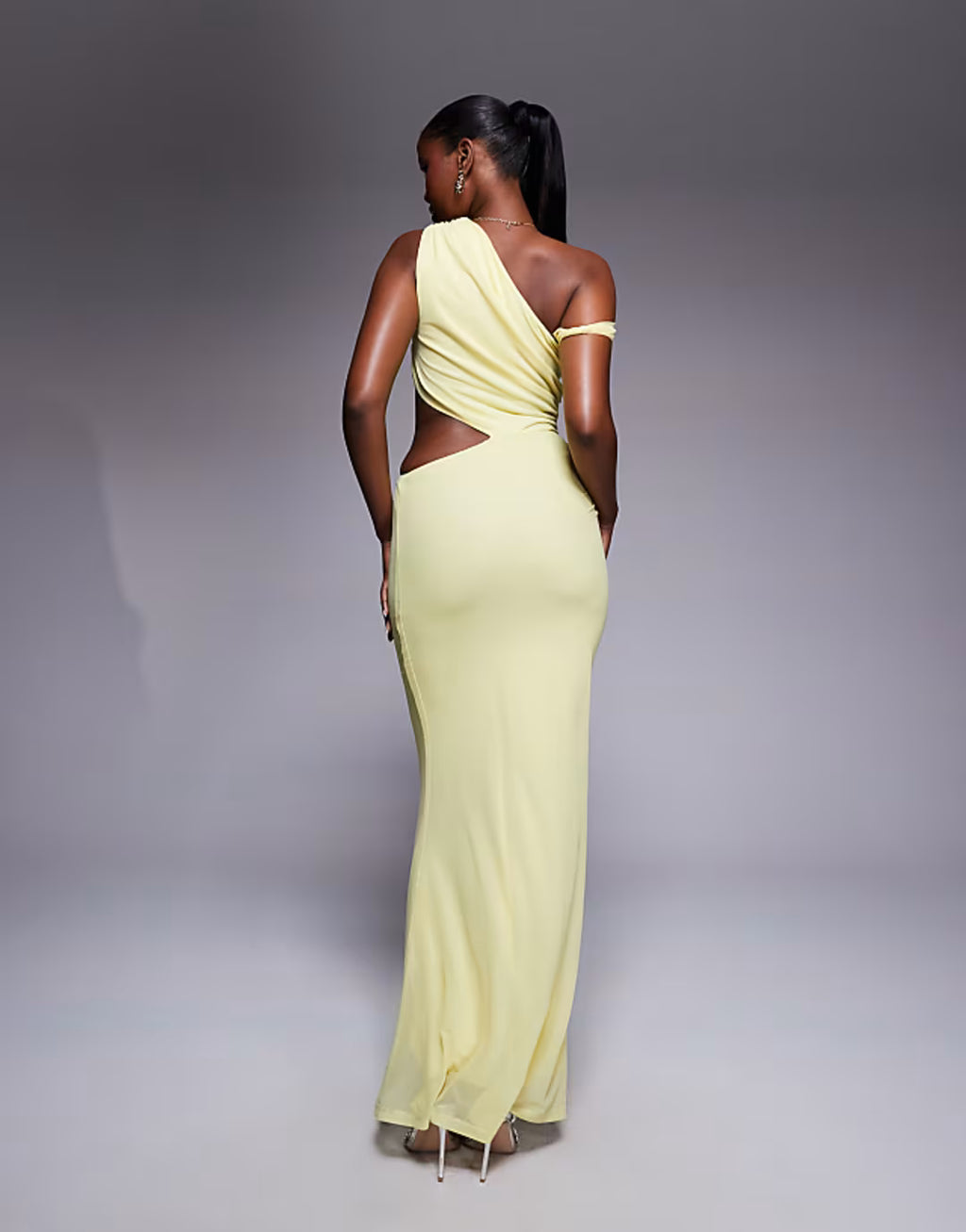 ASOS DESIGN fallen shoulder with ruching and cut out detail maxi dress in yellow