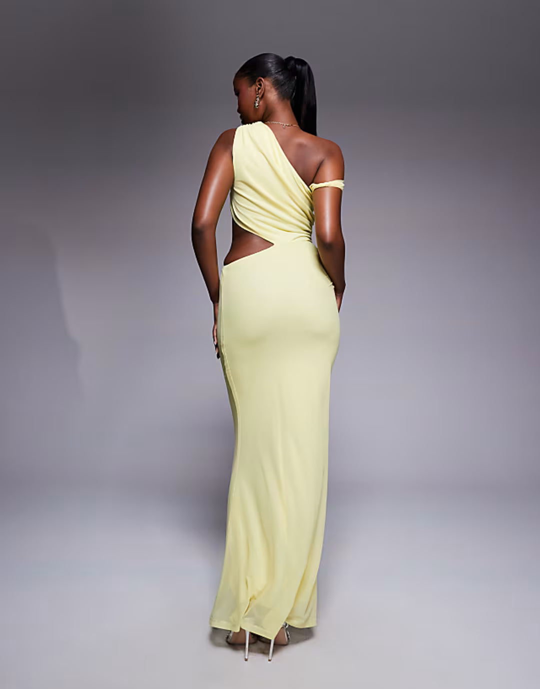ASOS DESIGN fallen shoulder with ruching and cut out detail maxi dress in yellow