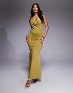 New Look halter cowl neck maxi dress in light khaki