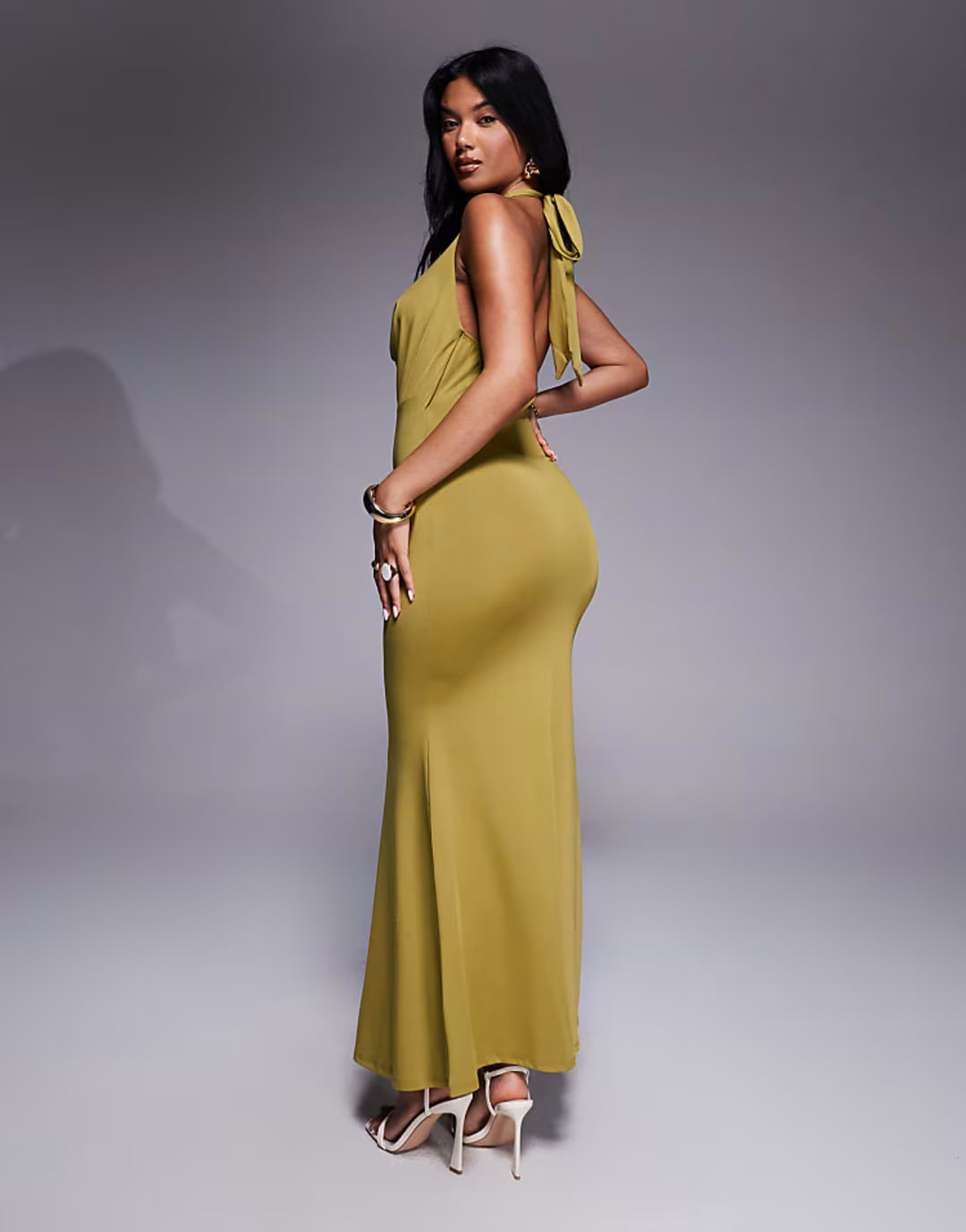 New Look halter cowl neck maxi dress in light khaki