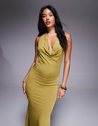 New Look halter cowl neck maxi dress in light khaki