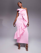ASOS DESIGN structured ruffle bandeau maxi dress in pink in scuba-style fabric