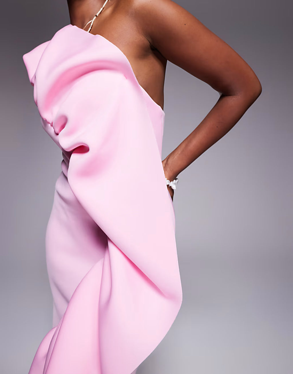 ASOS DESIGN structured ruffle bandeau maxi dress in pink in scuba-style fabric