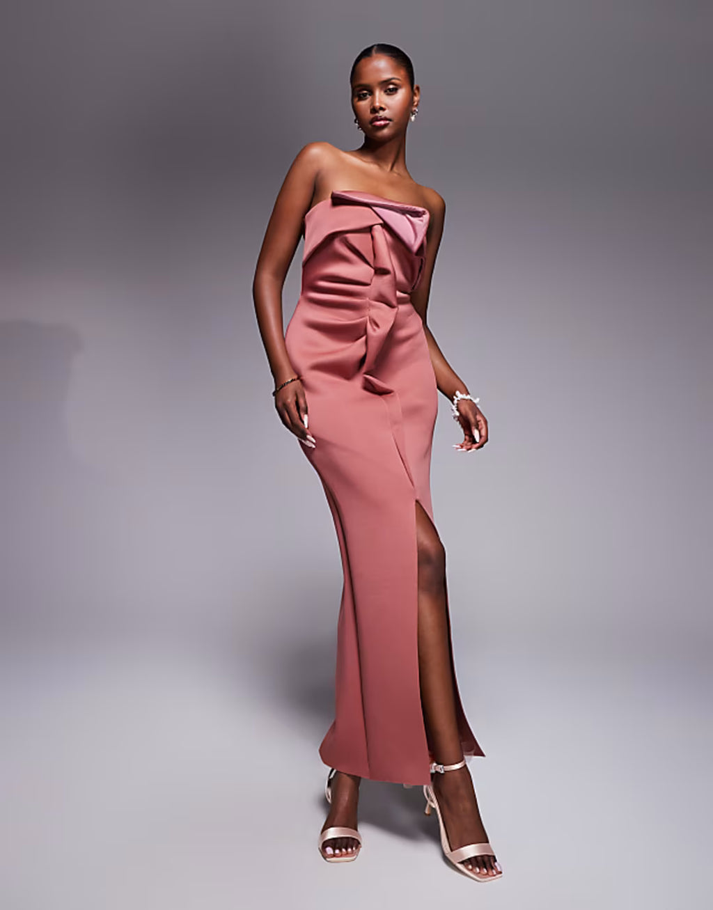 ASOS DESIGN bandeau midi dress with twisted front detailing midi dress in rose in scuba-style fabric
