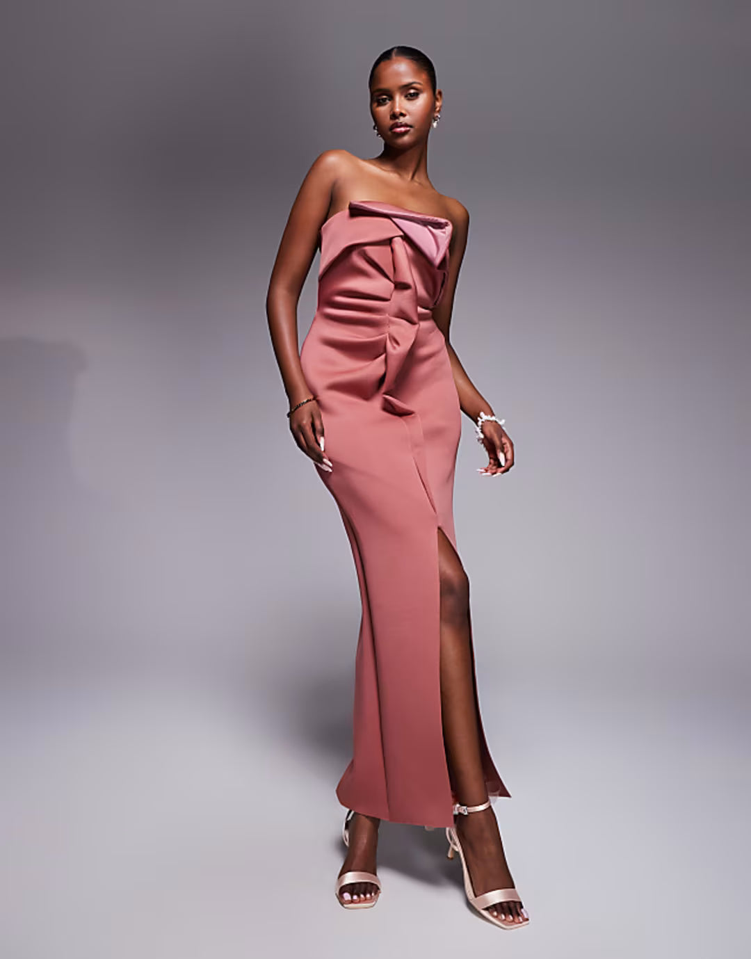 ASOS DESIGN bandeau midi dress with twisted front detailing midi dress in rose in scuba-style fabric