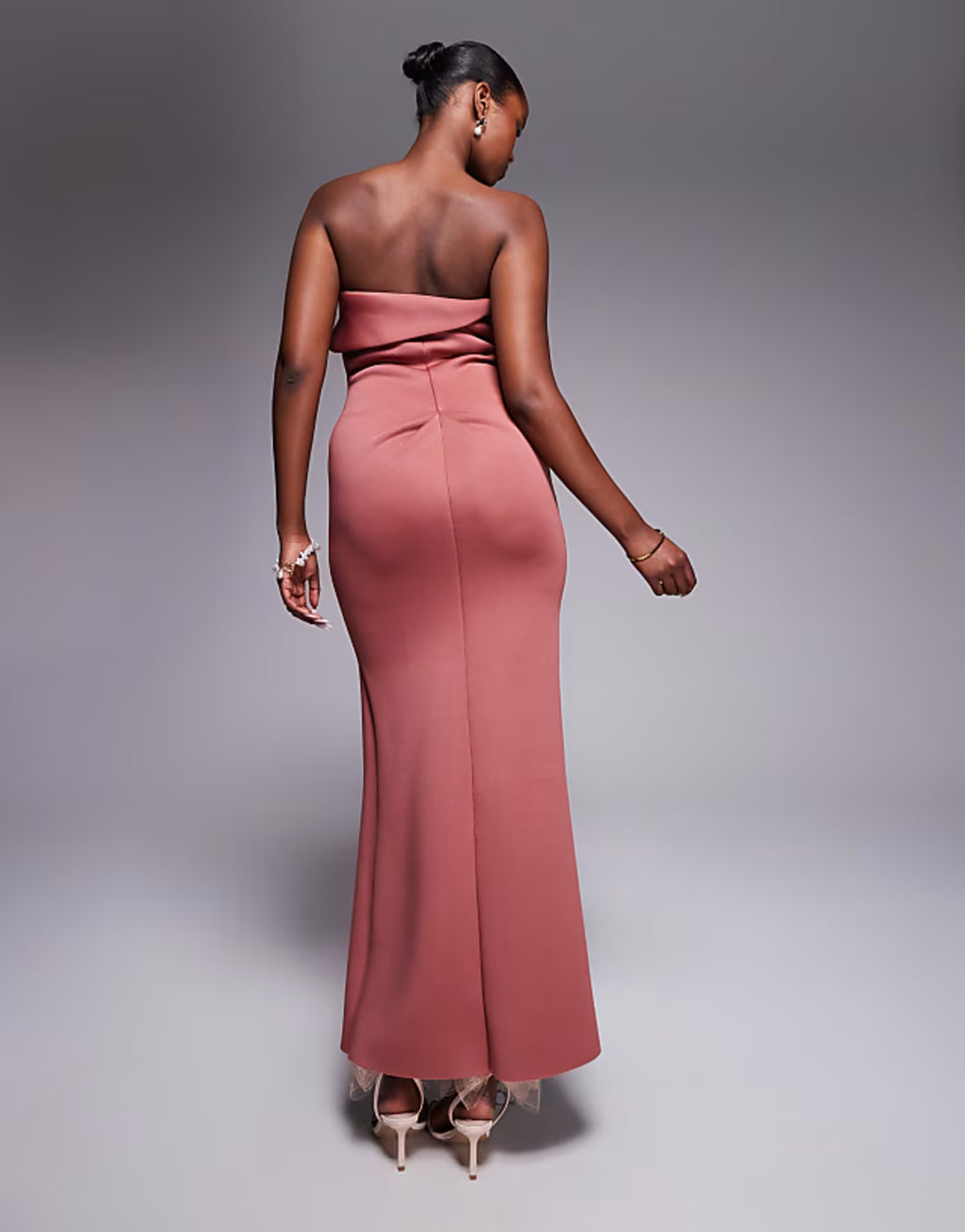 ASOS DESIGN bandeau midi dress with twisted front detailing midi dress in rose in scuba-style fabric