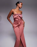 ASOS DESIGN bandeau midi dress with twisted front detailing midi dress in rose in scuba-style fabric
