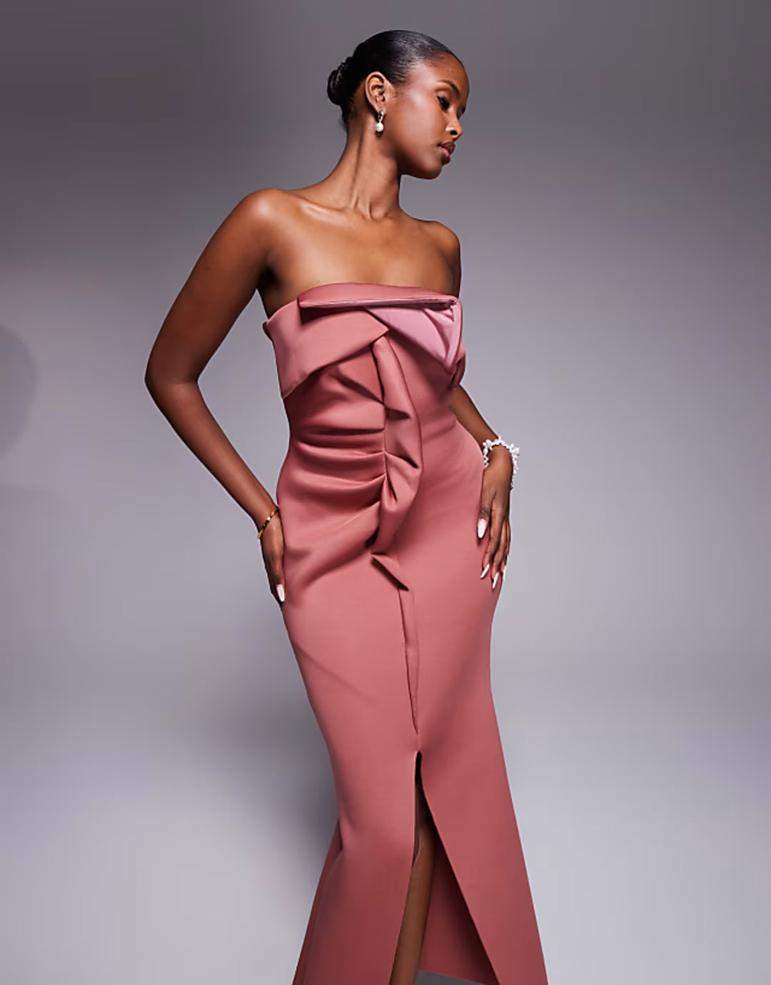 ASOS DESIGN bandeau midi dress with twisted front detailing midi dress in rose in scuba-style fabric