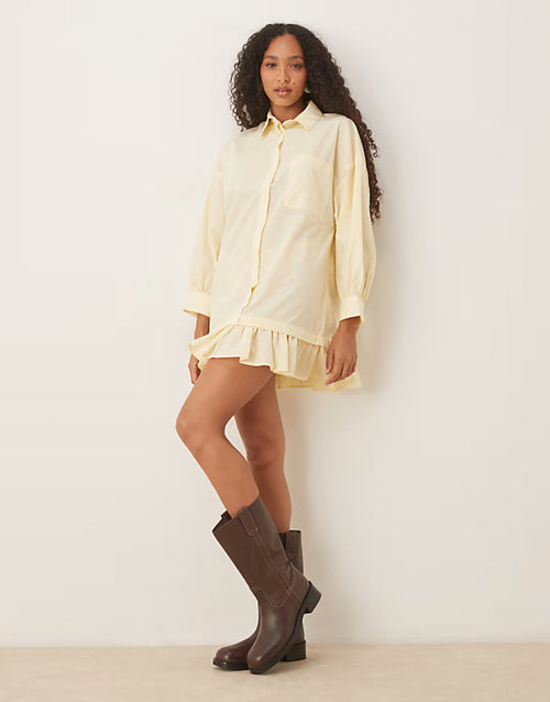 ASOS DESIGN long sleeve frill hem mini shirt dress in buttermilk
