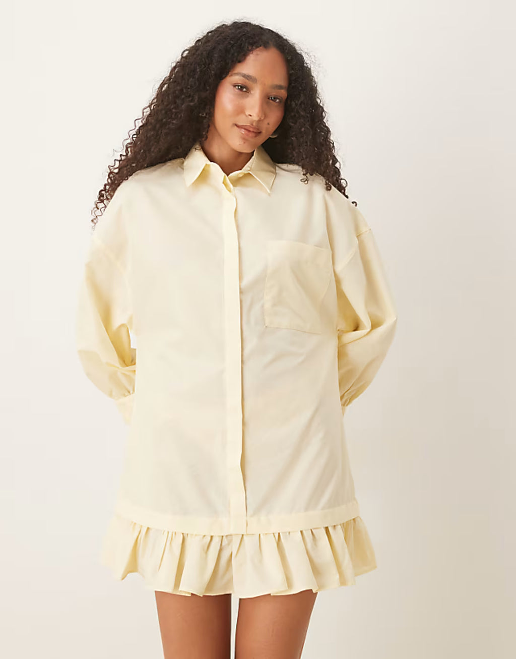 ASOS DESIGN long sleeve frill hem mini shirt dress in buttermilk