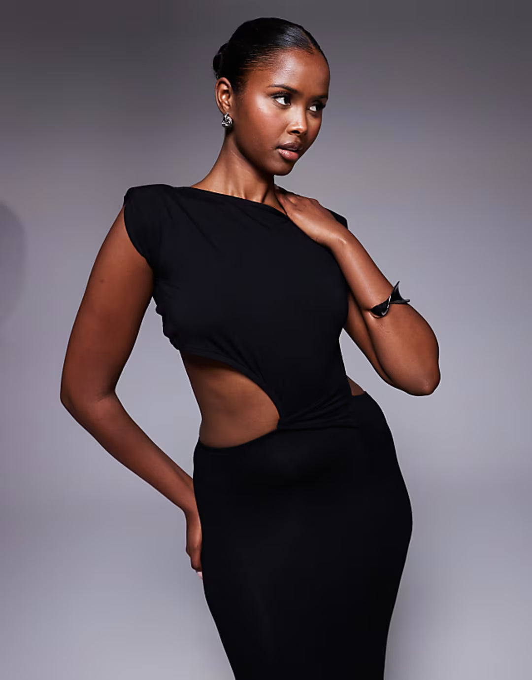 ASOS DESIGN VE shoulder pad twist waist midi dress in black
