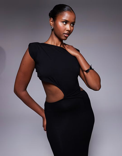 ASOS DESIGN VE shoulder pad twist waist midi dress in black