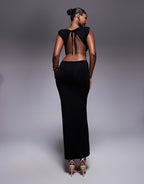 ASOS DESIGN VE shoulder pad twist waist midi dress in black