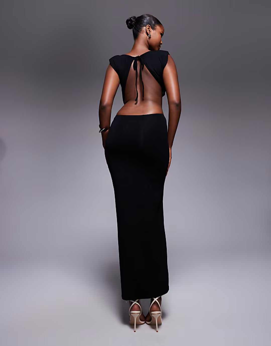 ASOS DESIGN VE shoulder pad twist waist midi dress in black