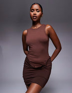 ASOS DESIGN sleeveless rib with bodycon skirt mini dress in chocolate