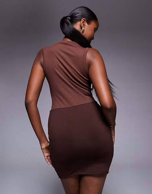 ASOS DESIGN sleeveless rib with bodycon skirt mini dress in chocolate