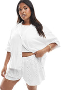 ASOS DESIGN curve broderie resort shirt co-ord in white