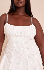 Plus White Broderie Strappy Pleated Shift Dress