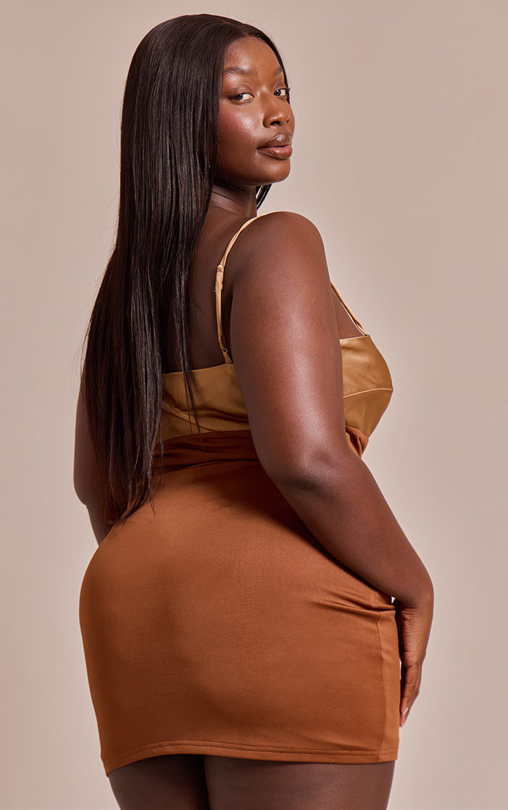 Plus Brown Contrast Bust Panel Strappy Mini Dress