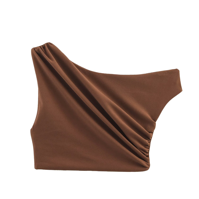Brown Textured Asymmetric Top & Straight Skirt Set
