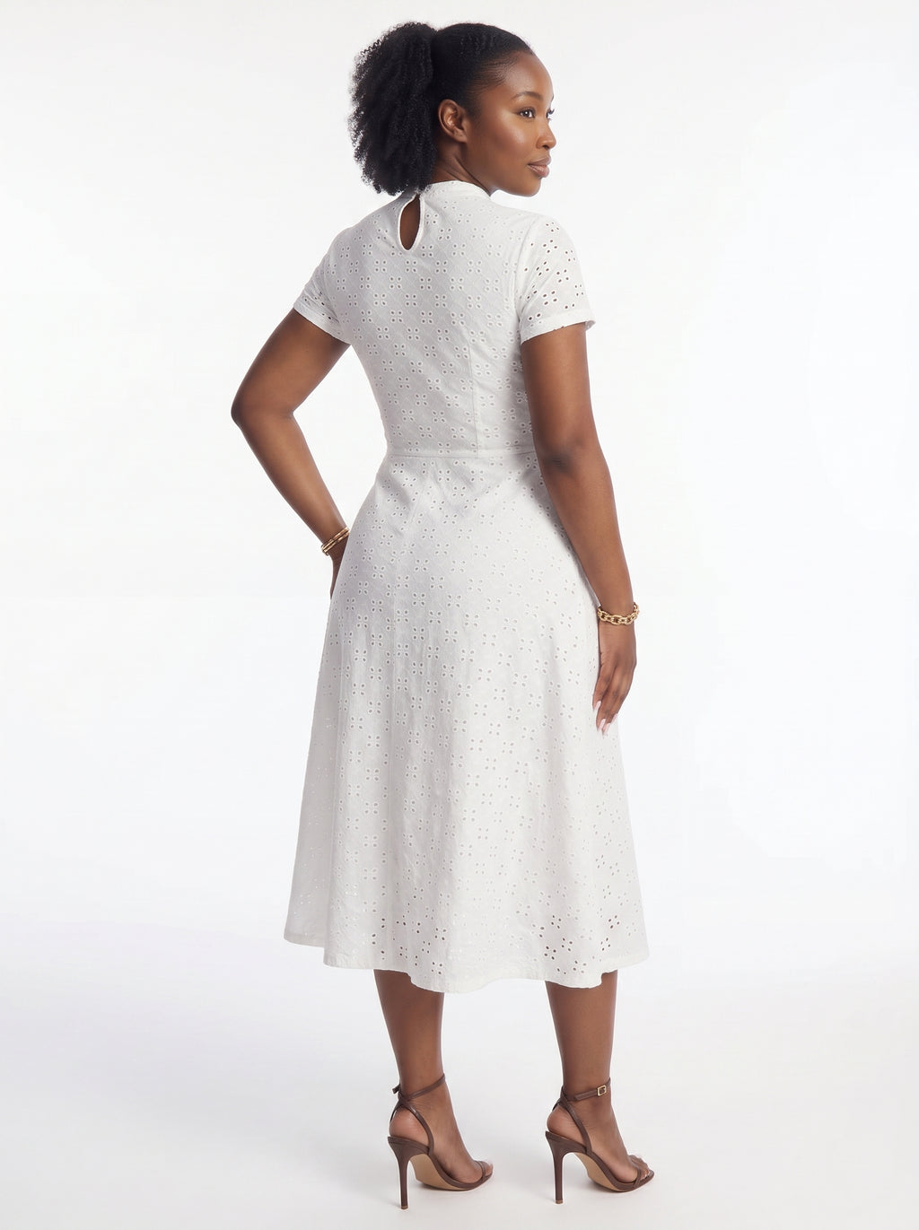 Lady Women Hollow-Out Embroidered Waist Cinched Short Sleeve Dress
