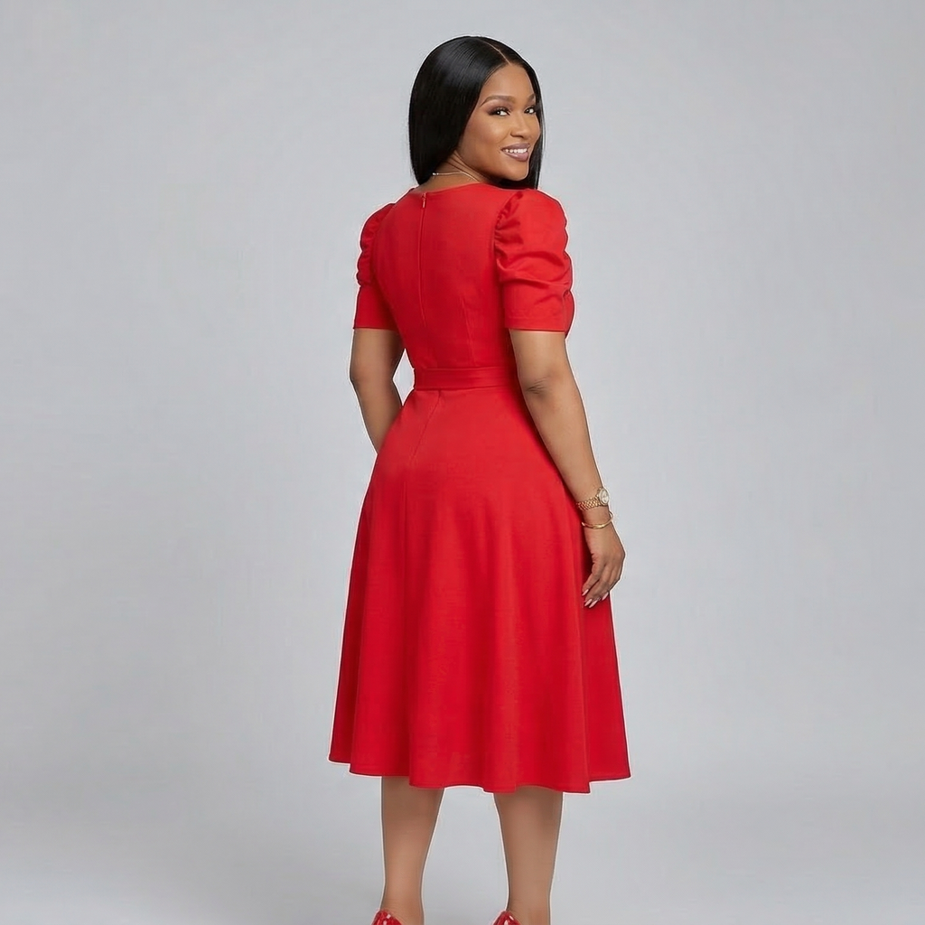 The Elegant V-Neck Puff Sleeve Dress