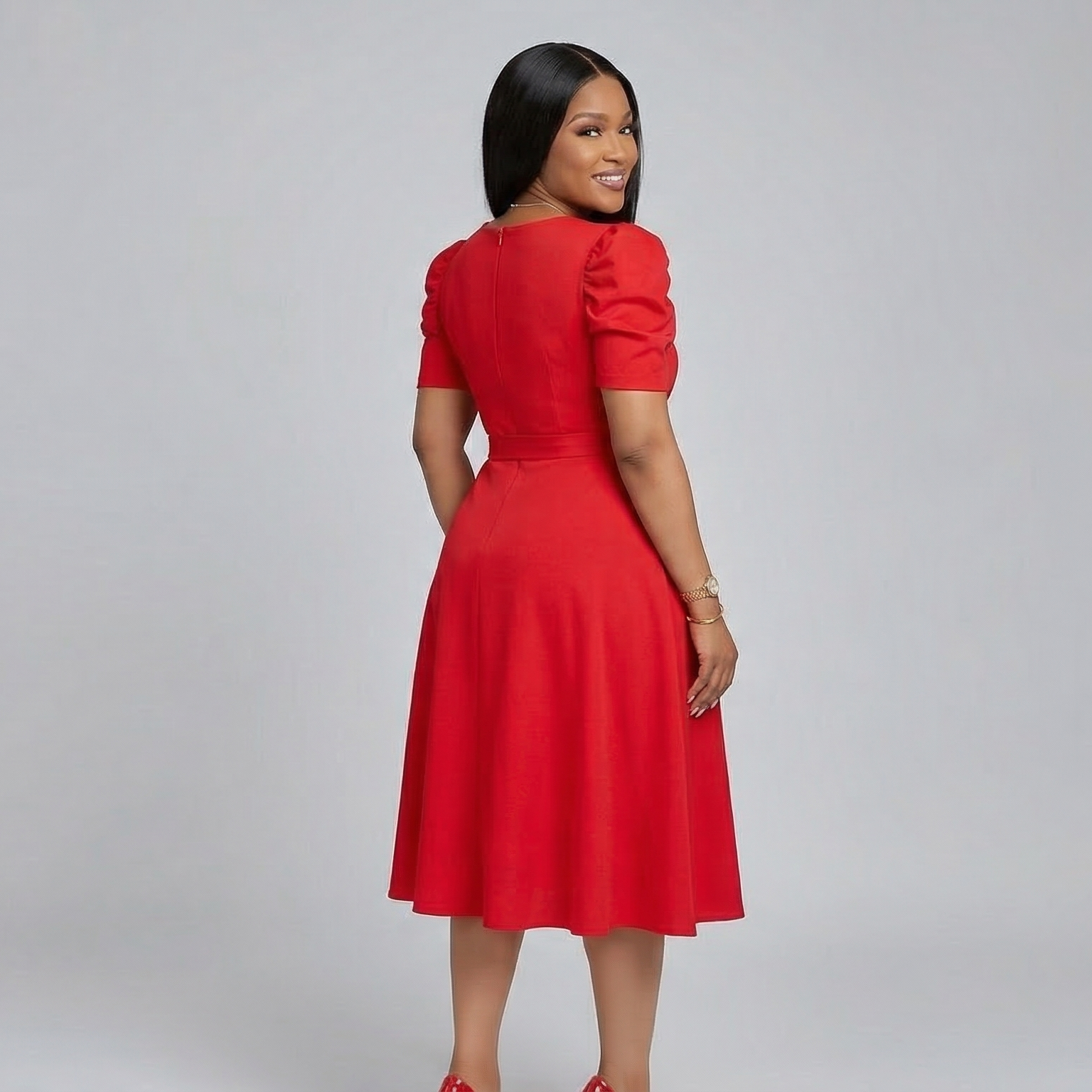 The Elegant V-Neck Puff Sleeve Dress