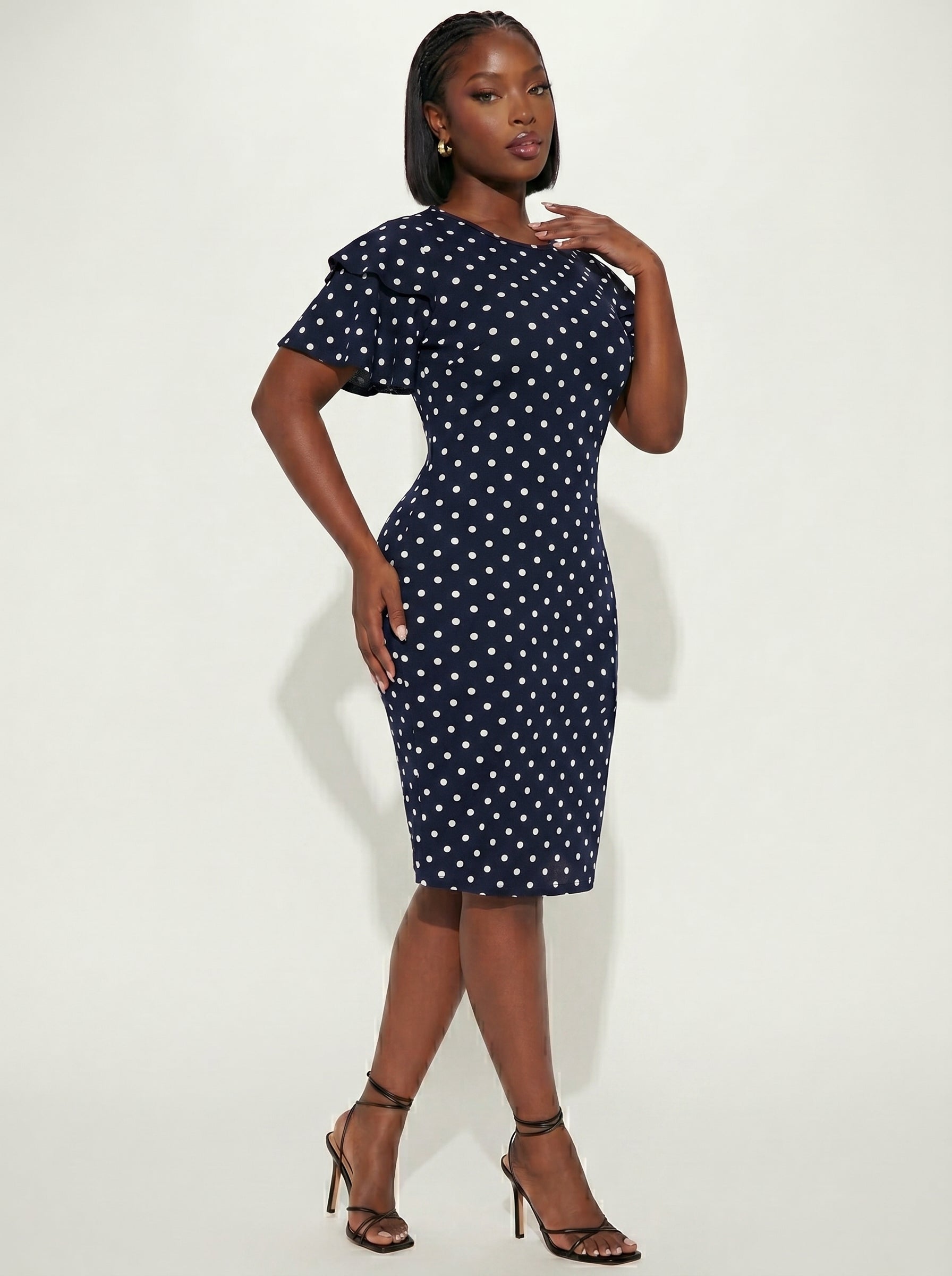 Fleurora Black Elegant Geometric Polka Dot Print Double Layer Ruffle Sleeve Dress