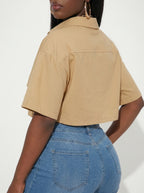 Slaydiva Casual Street Style White Polo Collar Pocket Crop Top