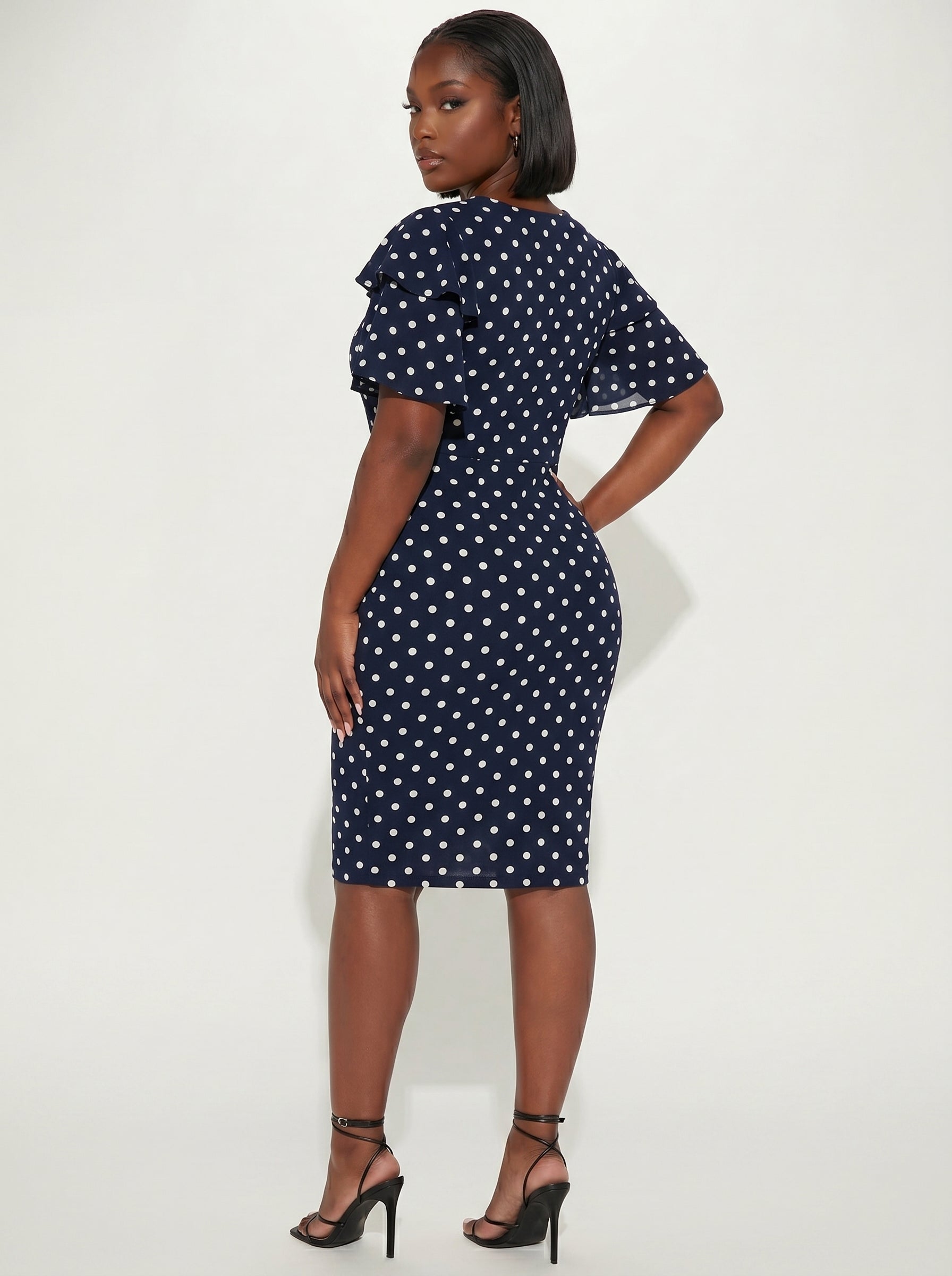 Fleurora Black Elegant Geometric Polka Dot Print Double Layer Ruffle Sleeve Dress