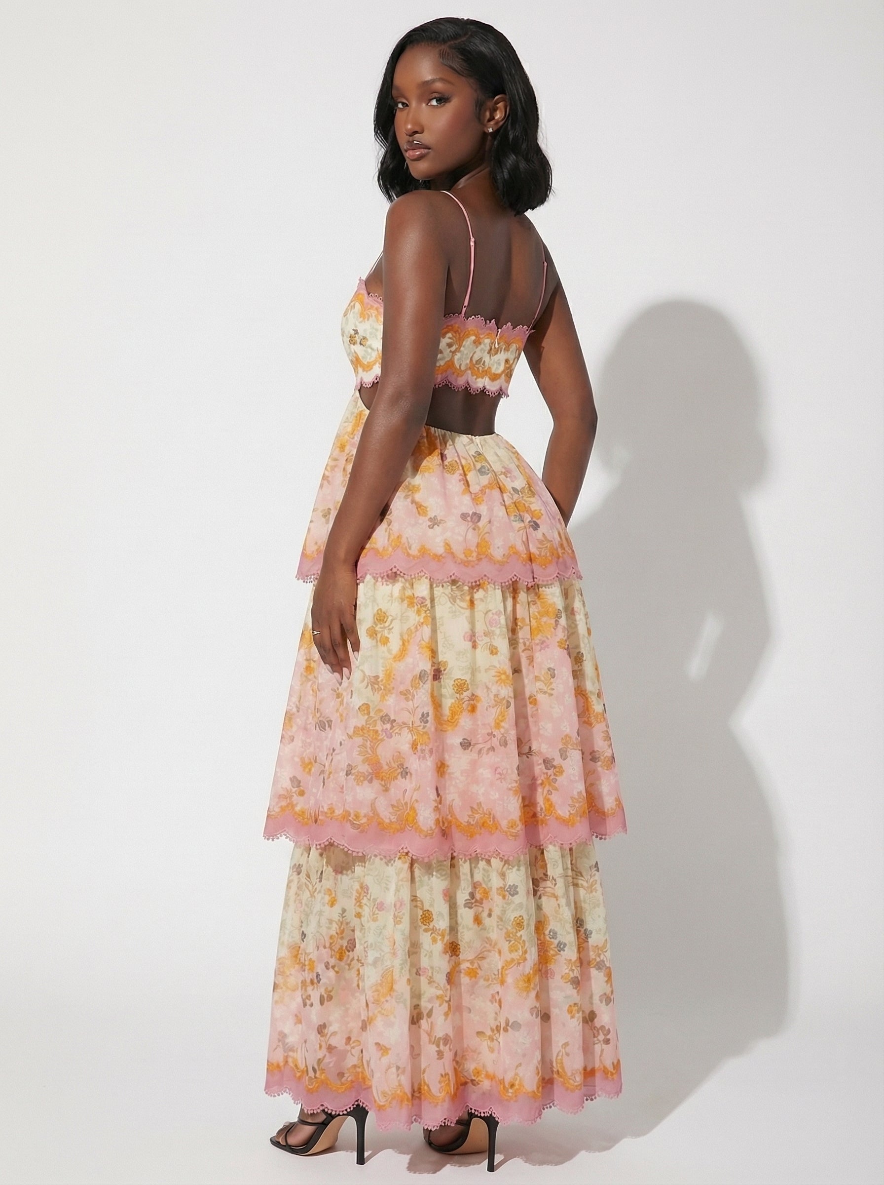 Fringe Benefits Embroidered Cut-Out Tiered Midi Dress