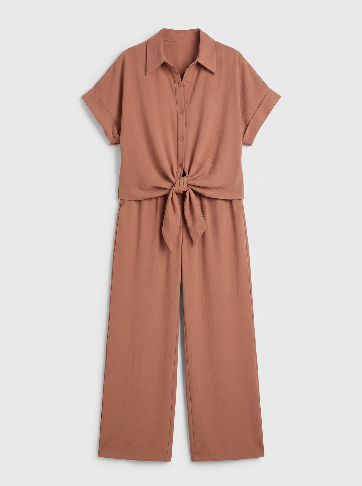 Mocha Tie Front Wide Leg Pant Set