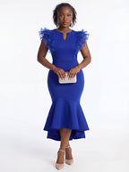 Blue Ruffle Fishtail Midi Dress