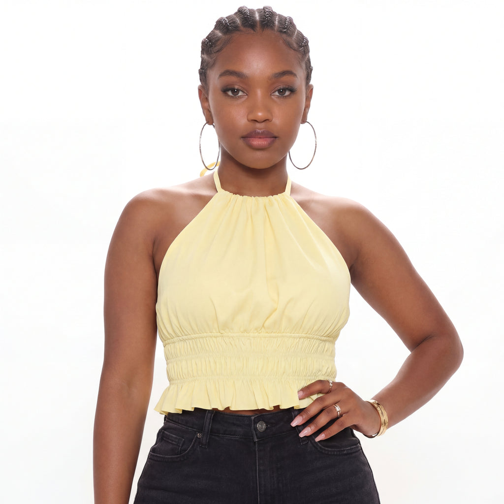 Yellow Open-Back Lace-Up Crop Top