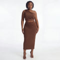 Brown Textured Asymmetric Top & Straight Skirt Set