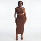 Brown Textured Asymmetric Top & Straight Skirt Set