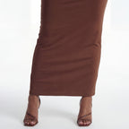 Brown Textured Asymmetric Top & Straight Skirt Set