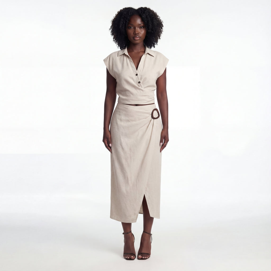 Beige Pleated V-Neck Top & Buckle Detail Skirt Co-ord