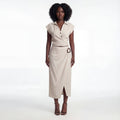Beige Pleated V-Neck Top & Buckle Detail Skirt Co-ord