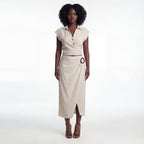 Beige Pleated V-Neck Top & Buckle Detail Skirt Co-ord