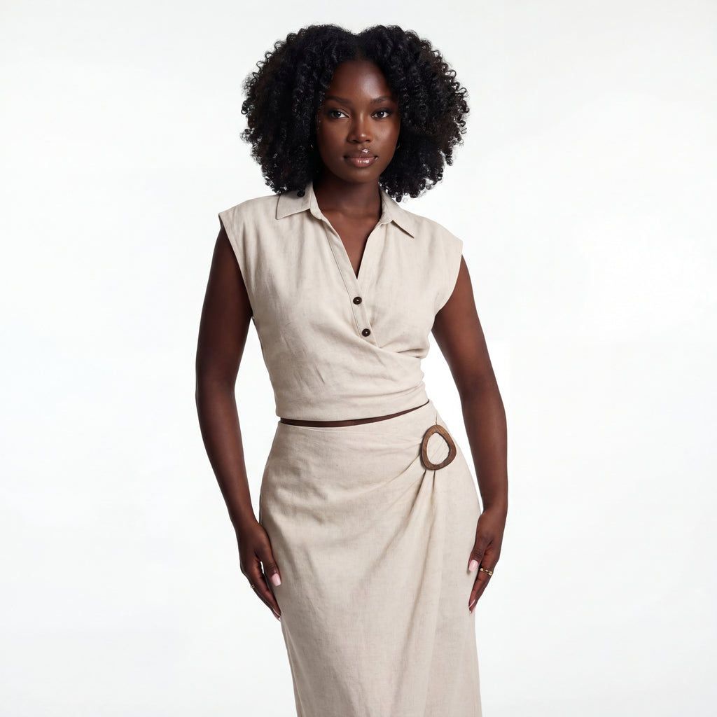 Beige Pleated V-Neck Top & Buckle Detail Skirt Co-ord